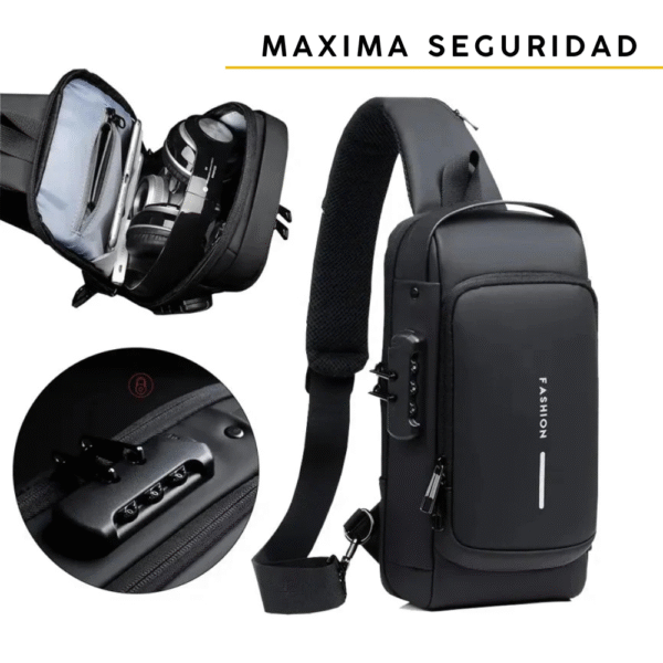 Mochila Bandolera Antirrobo Negra con Puerto USB – Impermeable y Multifuncional - Image 3