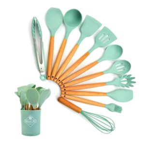 Set de Utensilios de Cocina Zamun – Silicona Verde y Mango de Madera (11 piezas)